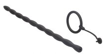 Черный стимулятор уретры с кольцом на головку Silicone Plug & Cock Ring Set, цвет черный - Shots Media