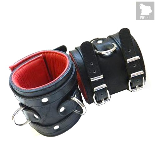 Широкие подвёрнутые наручники с красным подкладом, цвет красный/черный - Beastly (Бистли)