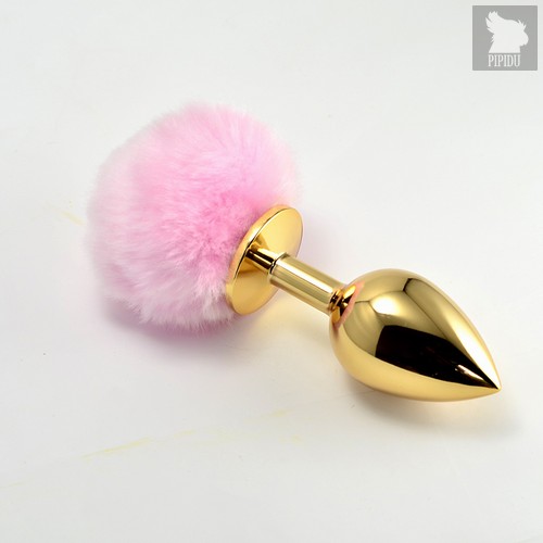 LOVETOY Tail Rabbit Large Золотая пробка с розовым хвостиком, l=9 см, d=3,7 см, цвет розовый - LoveToy