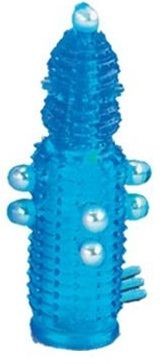 Голубая эластичная насадка на пенис с жемчужинами, точками и шипами Pearl Stimulator - 11,5 см, цвет голубой - Tonga