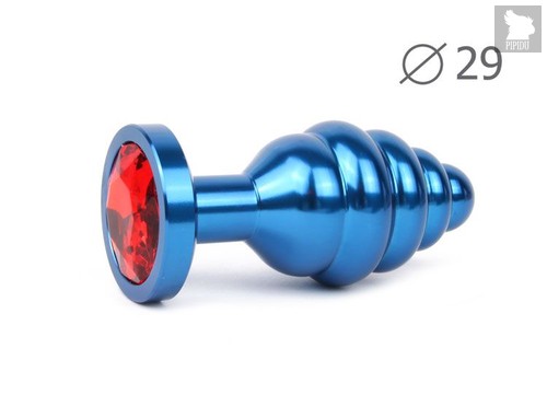 Коническая ребристая синяя анальная втулка с красным кристаллом - 7,1 см., цвет красный - anal jewelry plug