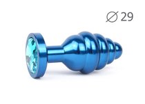 Коническая ребристая синяя анальная втулка с голубым кристаллом - 7,1 см., цвет голубой - anal jewelry plug