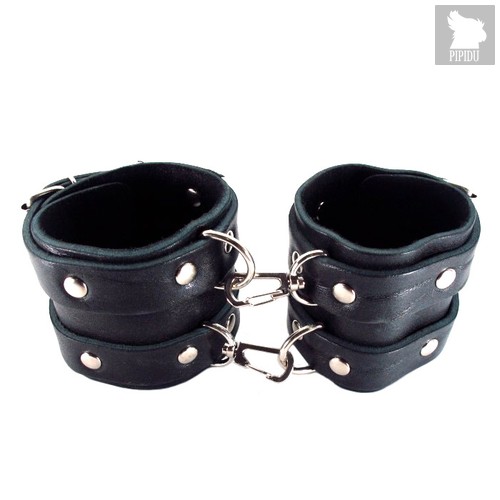Широкие наручники с двумя ремешками, цвет черный - БДСМ арсенал