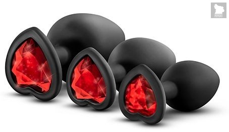 Набор черных анальных пробок с красным кристаллом-сердечком Bling Plugs Training Kit, цвет черный - Blush Novelties