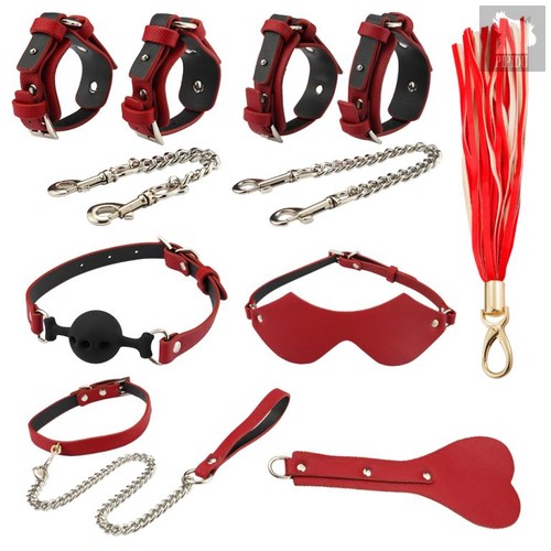 Оригинальный БДСМ-набор из 9 предметов в красной кожаной сумке, цвет красный/черный - Erozon