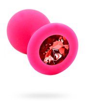 Розовая силиконовая анальная пробка с красным кристаллом - 7 см, цвет красный/розовый - Kanikule