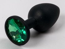 Черная силиконовая анальная пробка с зеленым стразом - 7,1 см., цвет зеленый/черный - 4sexdreaM
