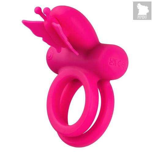 Розовое эрекционное виброкольцо Silicone Rechargeable Dual Butterfly Ring, цвет розовый - California Exotic Novelties