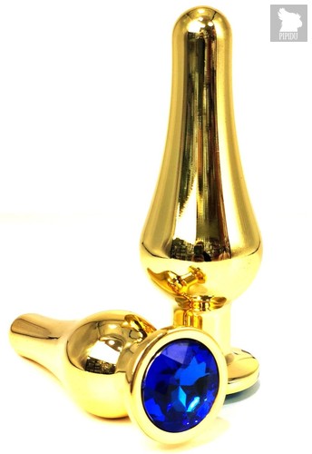 Золотистая удлиненная анальная пробка с синим кристаллом - 8 см., цвет синий - Vandersex