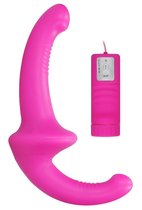 Розовый безремневой вибрострапон с пультом управления Vibrating Silicone Strapless Strapon, цвет розовый - Shots Media