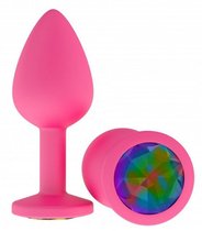 Розовая анальная втулка с разноцветным кристаллом - 7,3 см., цвет разноцветный - МиФ