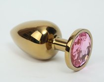 Золотистая металлическая анальная пробка с розовым стразом - 9,5 см