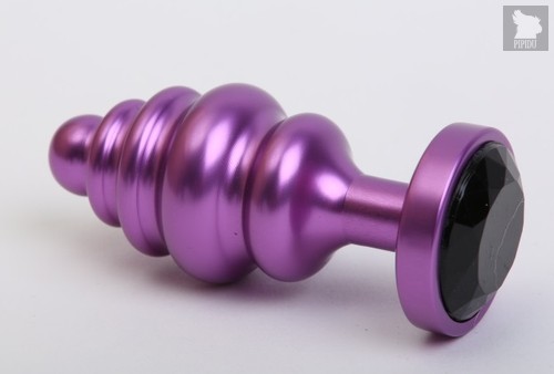 Фиолетовая ребристая анальная пробка с чёрным кристаллом - 7,3 см, цвет фиолетовый - 4sexdreaM