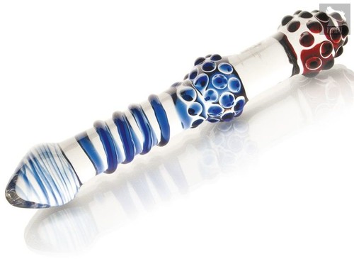 Двусторонний стеклянный фаллос с синей спиралью - 21 см, цвет прозрачный - Sexus