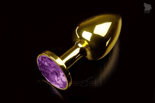 Маленькая золотистая анальная пробка с круглым кончиком и фиолетовым кристаллом - 7 см, цвет фиолетовый - Пикантные штучки
