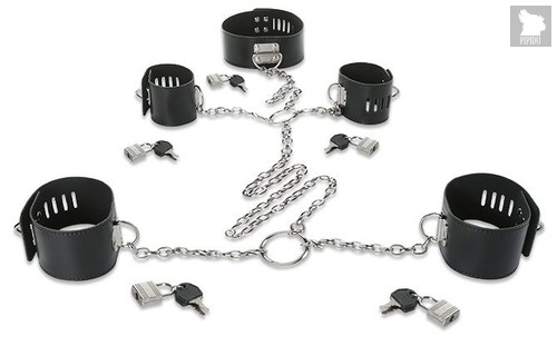 Набор для фиксации: наручники, оковы и ошейник, соединённые цепями и кольцами, цвет черный - Пикантные штучки