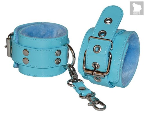 Голубые лаковые наручники с меховой отделкой, цвет голубой - Sitabella