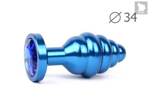 Коническая ребристая синяя анальная втулка с синим кристаллом - 8 см., цвет синий - anal jewelry plug