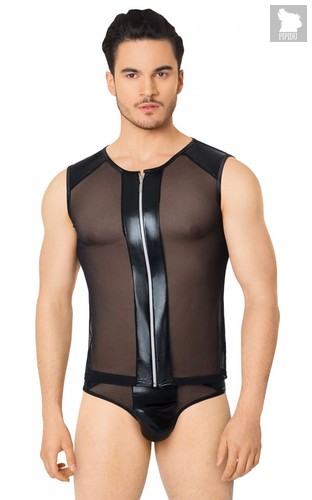 Эротический мужской костюм-сетка с молнией, цвет черный, M-L - SoftLine Collection (SLC)