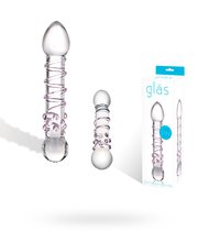 Прозрачный стеклянный фаллос с розовой спиралькой и массажными пупырышками - 18 см, цвет прозрачный - Gläs