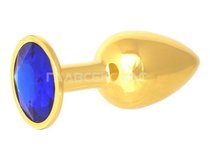 Золотистая анальная пробка с синим кристаллом - 7 см., цвет синий - Главсексмаг