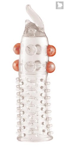 Гелевая прозрачная насадка с шариками, шипами и усиком - 11 см, цвет прозрачный - Toyfa