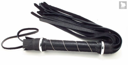 Чёрная кожаная плётка с белой строчкой на рукояти - БДСМ арсенал