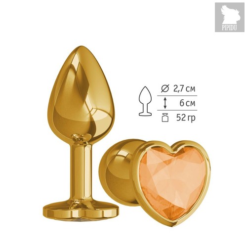 Анальная втулка Gold с оранжевым кристаллом сердце маленькая, цвет золотой - МиФ