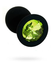 Чёрная силиконовая анальная пробка с светло-зеленым кристаллом - 7 см, цвет светло-зеленый/черный - Kanikule
