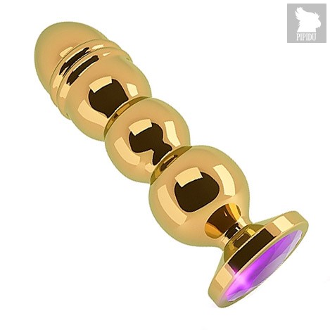 Золотистая фигурная анальная пробка R10 RICH Gold/Purple с фиолетовым кристаллом - 14,5 см - Shots Media