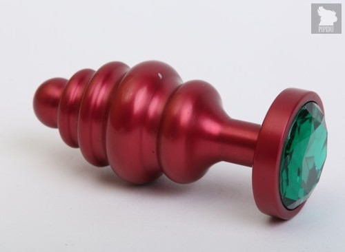 ребристая анальная пробка с зеленым стразом - 7,3 см, цвет красный - 4sexdreaM