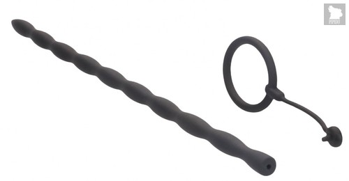 Черный стимулятор уретры с кольцом на головку Silicone Plug & Cock Ring Set, цвет черный - Shots Media