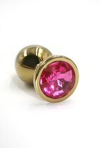 Золотистая алюминиевая анальная пробка с ярко-розовым кристаллом - 6 см, цвет золотой/темно-розовый - Kanikule