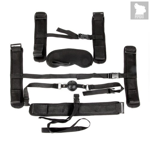 Пикантный черный текстильный набор БДСМ: наручники, оковы, ошейник с поводком, кляп, маска, цвет черный - Bioritm