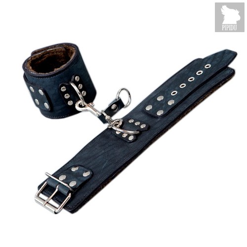 Широкие кожаные наручники на меху, цвет черный - Подиум