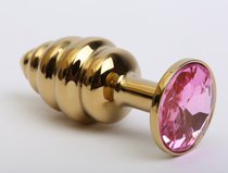 Золотистая ребристая анальная пробка с розовым стразом - 7,3 см