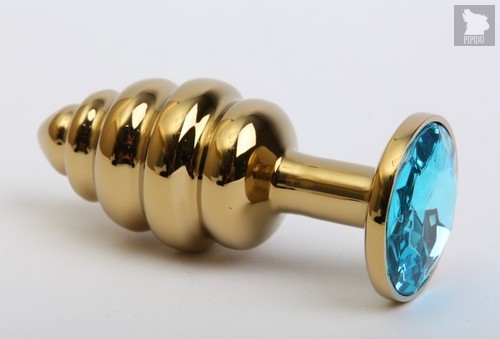Золотистая ребристая анальная пробка с голубым стразом - 7,3 см - 4sexdreaM