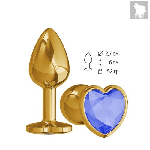 Анальная втулка Gold с синим кристаллом сердце маленькая, цвет золотой - МиФ