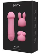 Нежно-розовый мини-вибратор Nana с 3 насадками - 10,6 см., цвет розовый - Winyi