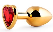 Золотистая анальная пробка с красным стразом-сердечком - 8 см., цвет красный - anal jewelry plug