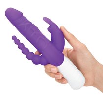 Фиолетовый перезаряжаемый вибратор с 2 дополнительными отростками - 22 см., цвет фиолетовый - Rabbit Essentials