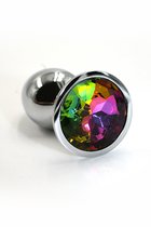 Серебристая алюминиевая анальная пробка с радужным кристаллом - 6 см, цвет серебряный/разноцветный - Kanikule
