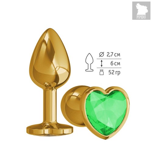 Анальная втулка Gold с зеленым кристаллом сердце маленькая, цвет золотой - МиФ