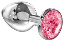 Большая серебристая анальная пробка Diamond Pink Sparkle Large с розовым кристаллом - 8 см