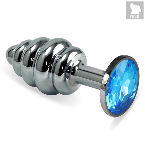 Серебристая ребристая анальная пробка с голубым кристаллом - 7,6 см - LoveToy