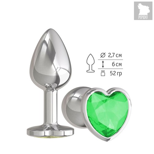 Анальная втулка Silver с зеленым кристаллом сердце маленькая, цвет серебряный - МиФ
