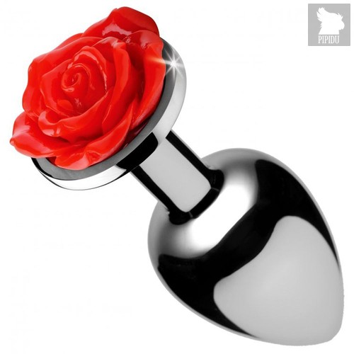 Серебристая анальная пробка с розой Red Rose Butt Plug - 8 см., цвет серебряный - XR Brands