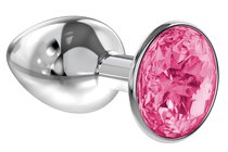 Малая серебристая анальная пробка Diamond Pink Sparkle Small с розовым кристаллом - 7 см - Lola Toys