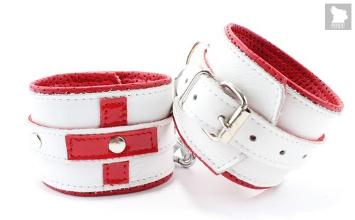 Бело-красные кожаные наручники для медсестры, цвет белый - БДСМ арсенал