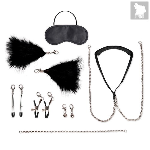 Большой эротический набор из 12 предметов Interchangeable Collar & Nipple Clips Set, цвет черный - Lux Fetish